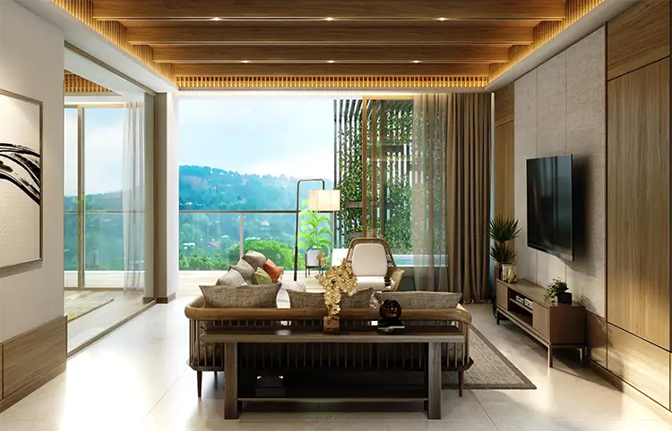 Living room opening onto a balcony with a view over the golf course