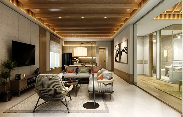 Open living and kitchen area with timber ceiling