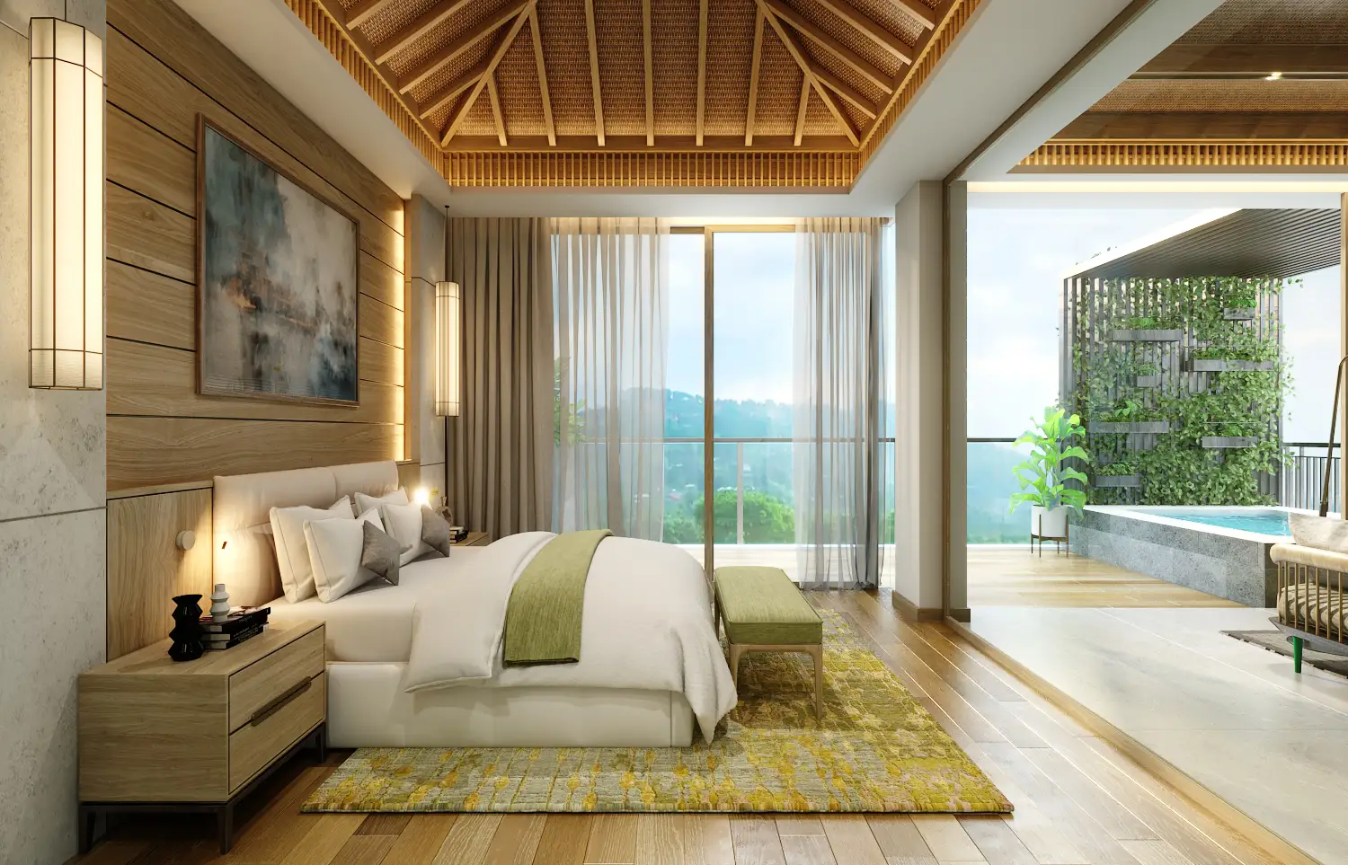 Master bedroom with floor-to-ceiling windows and a balcony jacuzzi