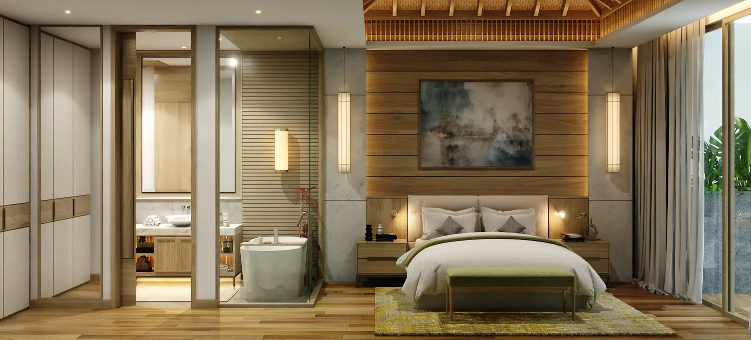 Bedroom with glass-walled ensuite bathroom and a freestanding bathtub
