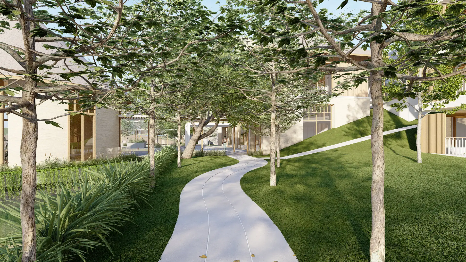 Tree-lined path between the low-rise homes of Hanadaru